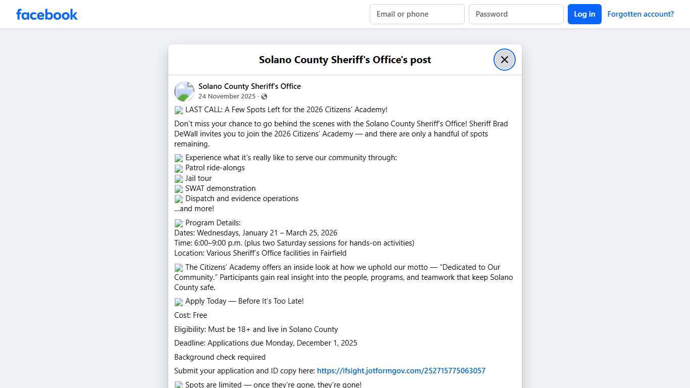 🚨 LAST CALL: A Few Spots... - Solano County Sheriff's Office | Facebook